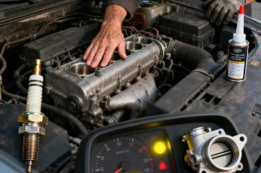Car shaking and engine light blinking while idling, showing dashboard warning and steering wheel vibration