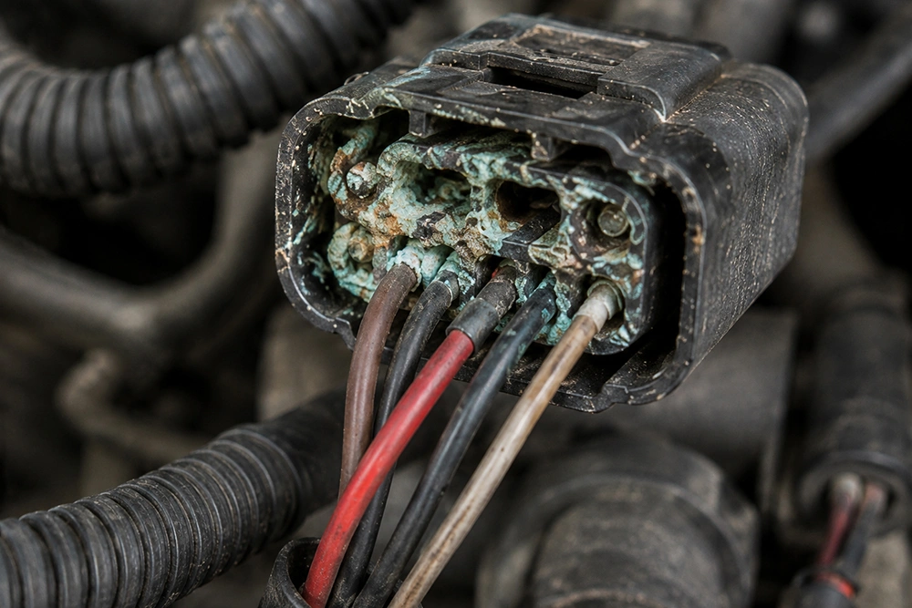 Corroded glow plug connector causing intermittent warning light faults