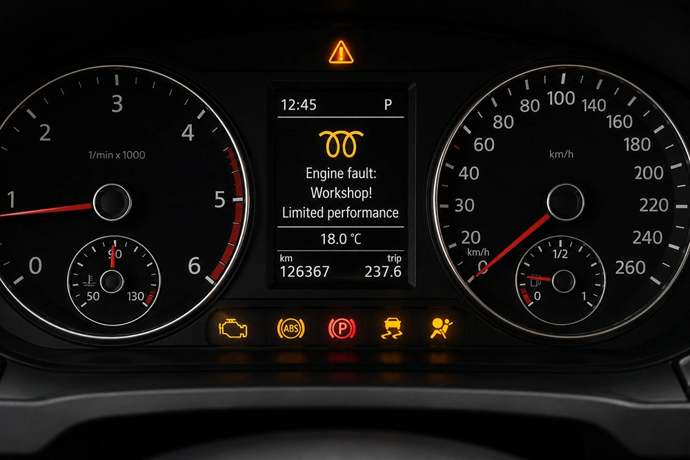 Diesel limp mode warning shown with glow plug warning light