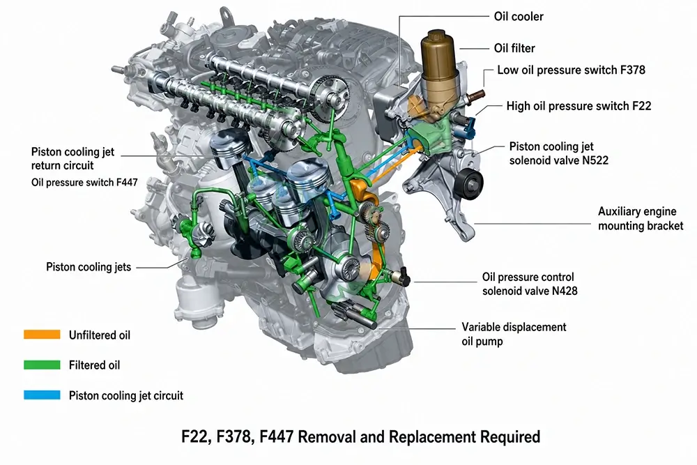 EA888 Gen 3 oil pressure system showing N428 F22 F378 F447 N522 and piston cooling jets EA888 Gen 3 oil pressure system showing N428 F22 F378 F447 N522 and piston cooling jets