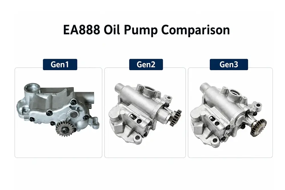 EA888 Gen 1 Gen 2 and Gen 3 oil pump comparison showing housing oil passage and control differences EA888 Gen 1 Gen 2 and Gen 3 oil pump comparison showing housing oil passage and control differences