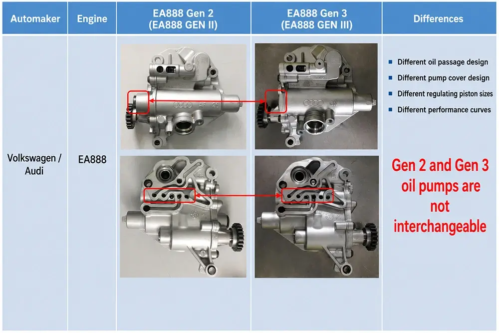 EA888 Gen 2 and Gen 3 oil pump samples showing housing and oil passage differences EA888 Gen 2 and Gen 3 oil pump samples showing housing and oil passage differences