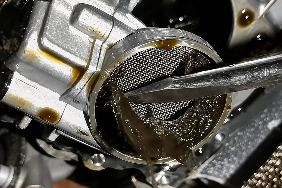 Blocked EA888 oil pickup strainer with sludge restricting oil flow Blocked EA888 oil pickup strainer with sludge restricting oil flow