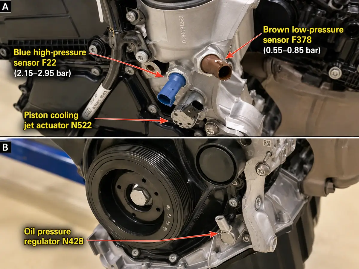 EA888 F22 and F378 oil pressure switches with N428 oil pressure regulation valve location EA888 F22 and F378 oil pressure switches with N428 oil pressure regulation valve location