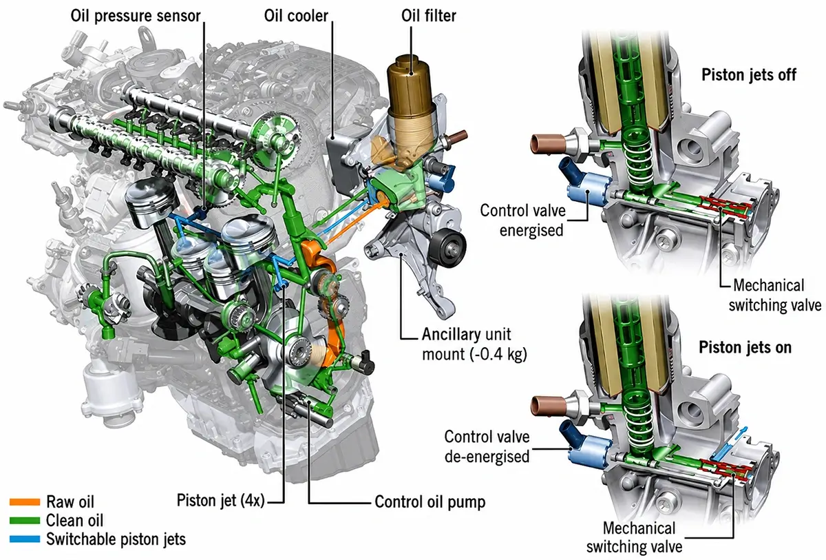 EA888 oil pressure system diagram showing oil pump oil cooler oil filter pressure sensor and piston jets EA888 oil pressure system diagram showing oil pump oil cooler oil filter pressure sensor and piston jets