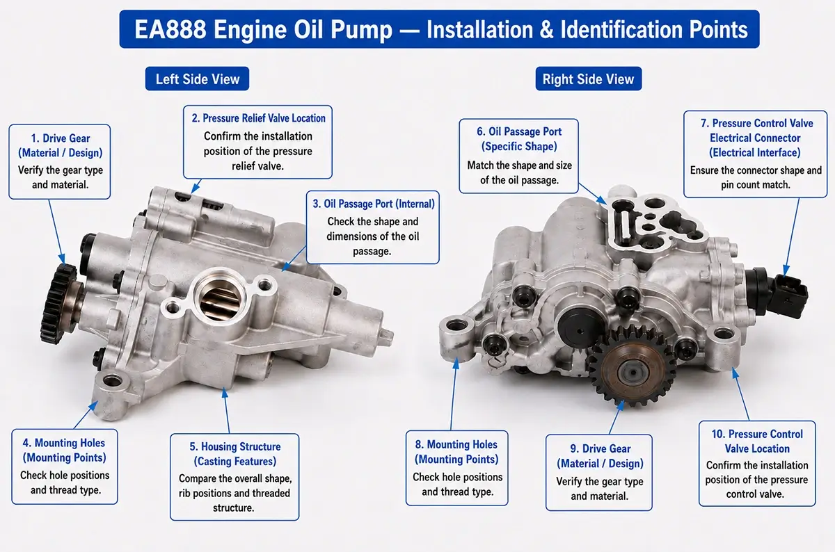 EA888 oil pump OE number mounting holes oil passages sprocket and valve identification EA888 oil pump OE number mounting holes oil passages sprocket and valve identification
