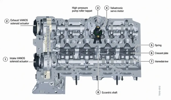 BMW Valvetronic eccentric shaft, servomotor and intermediate lever diagram BMW Valvetronic eccentric shaft, servomotor and intermediate lever diagram